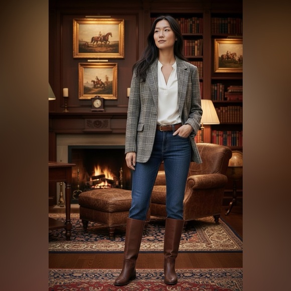 Talbots women’s LONG WOOL BLEND BLAZER - GLEN PLAID - Picture 1 of 6